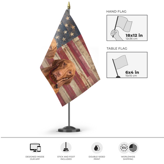 A mockup of the custom flag 'Vizsla United States flag' as a desk flag and small hand waving flag