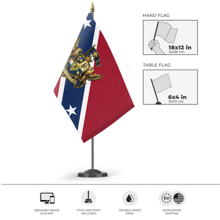 A mockup of the custom flag 'Fun With Flags' as a desk flag and small hand waving flag
