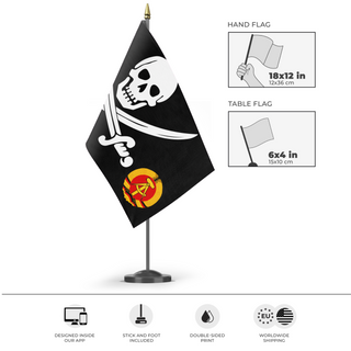 A mockup of the custom flag 'Are you away flag' as a desk flag and small hand waving flag