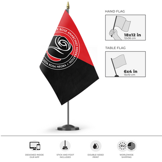 A mockup of the custom flag 'Anarchist Black Rose flag' as a desk flag and small hand waving flag
