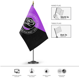 A mockup of the custom flag 'Anarchist Black Rose flag' as a desk flag and small hand waving flag