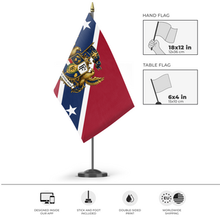 A mockup of the custom flag 'Fun With Flags' as a desk flag and small hand waving flag