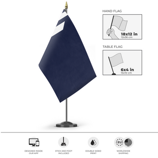 A mockup of the custom flag 'SolCommonwealth flag' as a desk flag and small hand waving flag