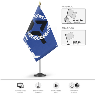 A mockup of the custom flag 'Legion of Free Russia flag' as a desk flag and small hand waving flag
