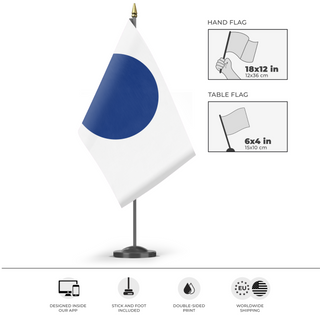 A mockup of the custom flag 'One World Flag' as a desk flag and small hand waving flag