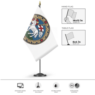 A mockup of the custom flag 'T flag' as a desk flag and small hand waving flag