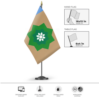 A mockup of the custom flag 'Family Flag' as a desk flag and small hand waving flag