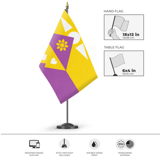 A mockup of the custom flag 'The Kingdom of Monsters... flag' as a desk flag and small hand waving flag