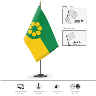 A mockup of the custom flag 'Golden Wattle flag' as a desk flag and small hand waving flag