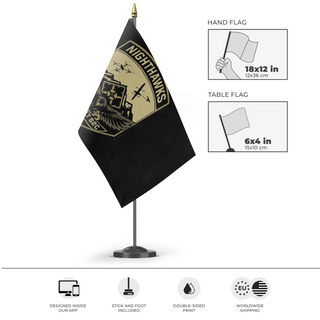 A mockup of the custom flag 'Nighthawk UAS desk flag' as a desk flag and small hand waving flag
