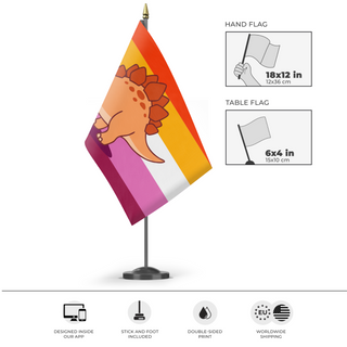 A mockup of the custom flag 'Lesbian Stegosaurus Pride flag' as a desk flag and small hand waving flag