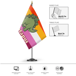 A mockup of the custom flag 'Lickalotapus Lesbian Pride flag' as a desk flag and small hand waving flag