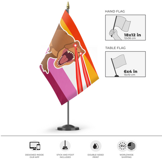 A mockup of the custom flag 'Lesbian Laser T-Rex Pride flag' as a desk flag and small hand waving flag