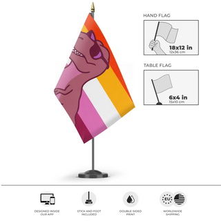 A mockup of the custom flag 'Lesbian Dinosaur Pride flag' as a desk flag and small hand waving flag
