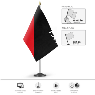 A mockup of the custom flag 'CNT-FAI flag' as a desk flag and small hand waving flag