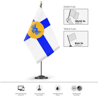 A mockup of the custom flag 'Kingdom of savoir flag' as a desk flag and small hand waving flag