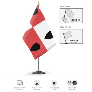 A mockup of the custom flag 'Carija flag' as a desk flag and small hand waving flag