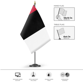 A mockup of the custom flag 'Afghanistan Tricolor flag' as a desk flag and small hand waving flag