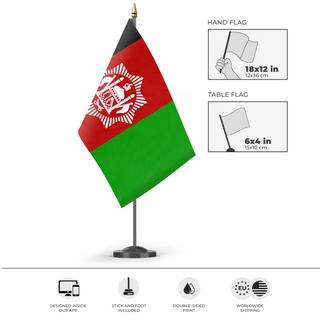 A mockup of the custom flag '1929 Afghanistan flag' as a desk flag and small hand waving flag