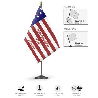 A mockup of the custom flag 'Remember the Maine US Navy flag' as a desk flag and small hand waving flag