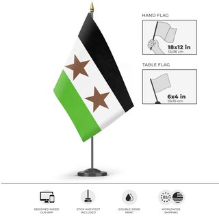 A mockup of the custom flag 'Flag of the Fennec Union' as a desk flag and small hand waving flag