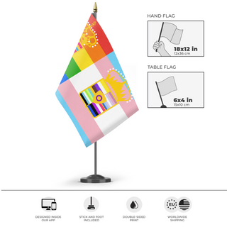 A mockup of the custom flag 'Austria-Hungary Pride flag' as a desk flag and small hand waving flag