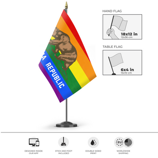 A mockup of the custom flag 'California Pride flag' as a desk flag and small hand waving flag