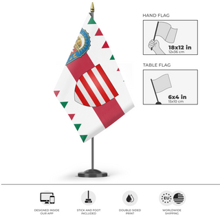 A mockup of the custom flag 'Hungary flag' as a desk flag and small hand waving flag