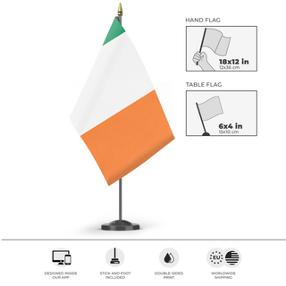 A mockup of the custom flag 'Ireland flag' as a desk flag and small hand waving flag