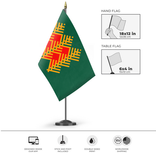 A mockup of the custom flag 'Pine Flag' as a desk flag and small hand waving flag
