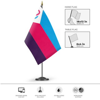 A mockup of the custom flag 'Newer Polyamorous flag' as a desk flag and small hand waving flag