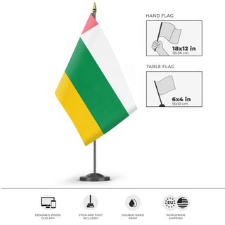 A mockup of the custom flag 'Florestia flag' as a desk flag and small hand waving flag
