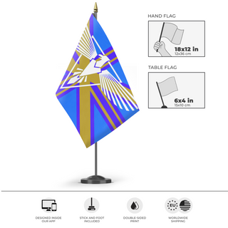 A mockup of the custom flag 'Molossa Empire flag' as a desk flag and small hand waving flag