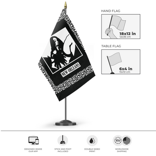 A mockup of the custom flag 'EYEHATEGOD flag' as a desk flag and small hand waving flag