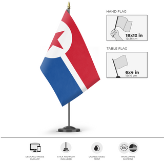 A mockup of the custom flag 'North Korea flag' as a desk flag and small hand waving flag