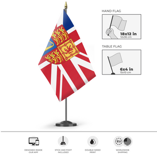 A mockup of the custom flag 'Franco-British Union flag' as a desk flag and small hand waving flag