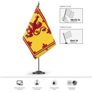 A mockup of the custom flag 'scotland flag' as a desk flag and small hand waving flag