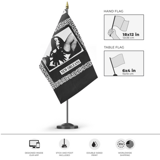 A mockup of the custom flag 'EYEHATEGOD v2 flag' as a desk flag and small hand waving flag