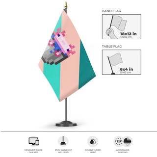 A mockup of the custom flag 'Bucket Empire flag' as a desk flag and small hand waving flag
