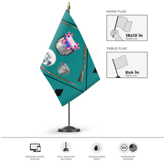 A mockup of the custom flag 'Bucket Empire flag' as a desk flag and small hand waving flag