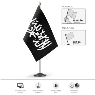 A mockup of the custom flag 'Islamic Script flag' as a desk flag and small hand waving flag