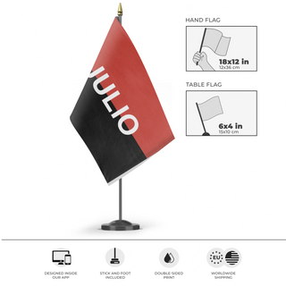 A mockup of the custom flag 'm-26-7 flag' as a desk flag and small hand waving flag