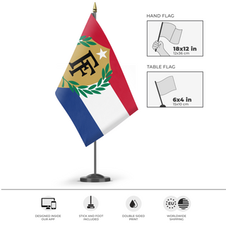 A mockup of the custom flag 'Fun With Flags flag' as a desk flag and small hand waving flag