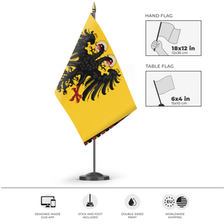 A mockup of the custom flag 'HRE flag' as a desk flag and small hand waving flag