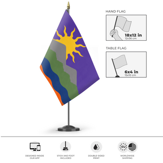 A mockup of the custom flag 'Sun Over Mountains flag' as a desk flag and small hand waving flag