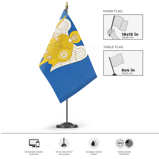 A mockup of the custom flag 'Archangel Michael Blue flag' as a desk flag and small hand waving flag