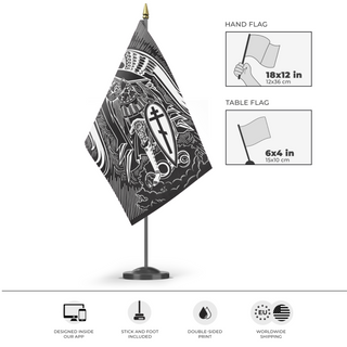 A mockup of the custom flag 'Flag of St. Michael' as a desk flag and small hand waving flag