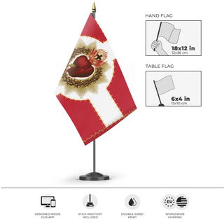 A mockup of the custom flag 'Sacred Heart of Jesus flag' as a desk flag and small hand waving flag