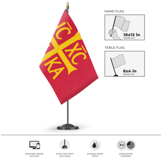 A mockup of the custom flag 'Mandylion / IC XC NIKA flag' as a desk flag and small hand waving flag