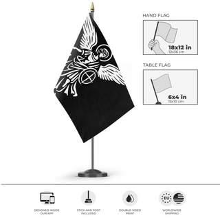 A mockup of the custom flag 'Archangel St Michael Black flag' as a desk flag and small hand waving flag